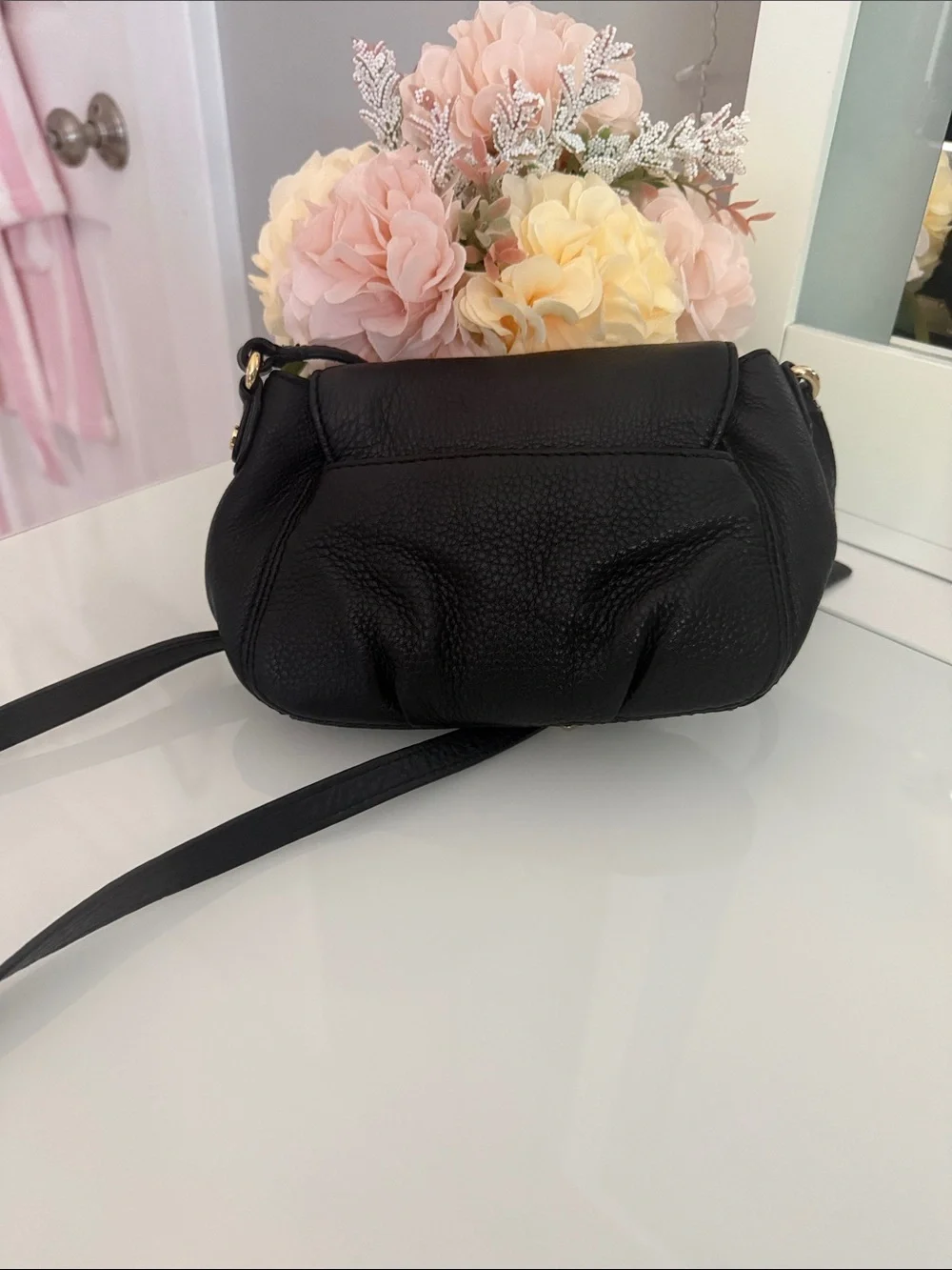 Michael Kors Black Pebbled Leather Small Crossbody with Gold Plaque